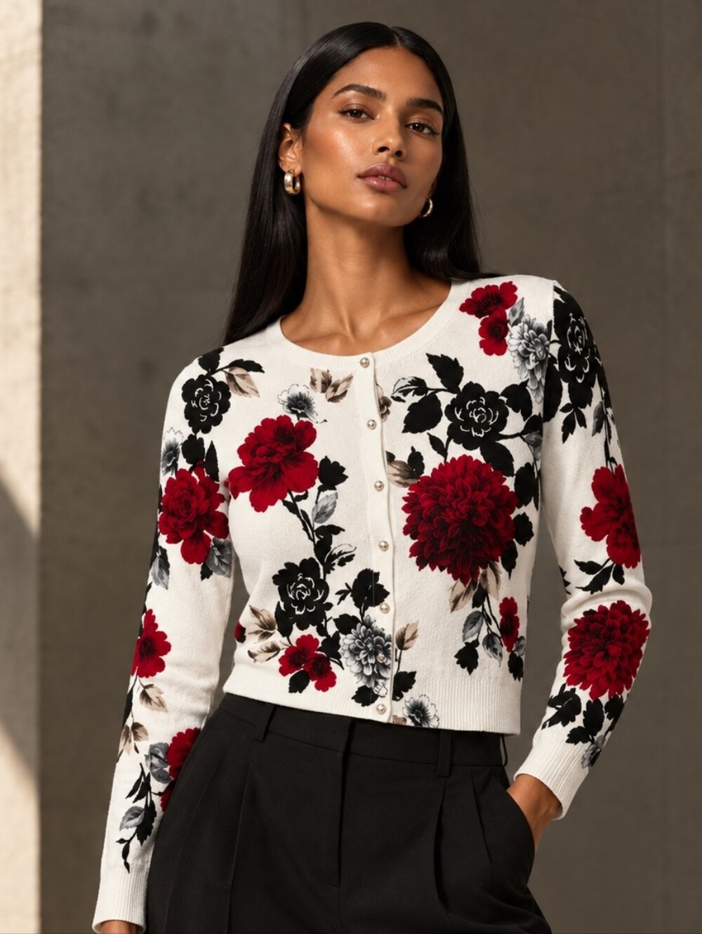 White House Black Market Floral Ribbed Button-Front Cardigan XS